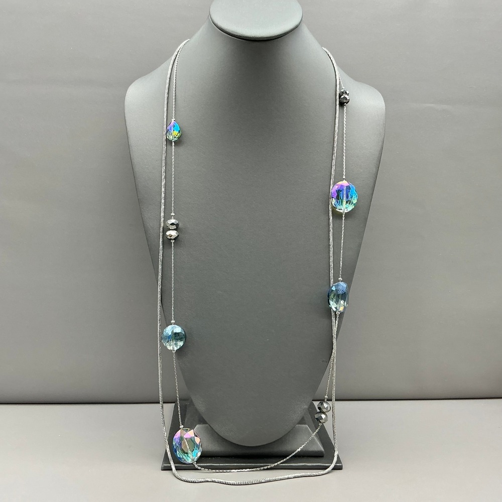 LOFT Necklace Women Silver Tone Iridescent Blue Faceted Bead Layered Snake Chain